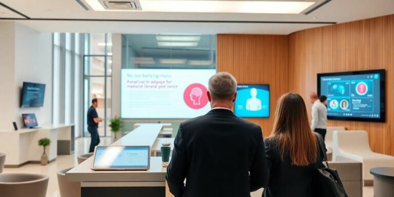 Intérieur de banque moderne avec technologie avancée et clients.