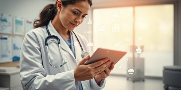 Professionnel de santé utilisant une tablette avec IA.